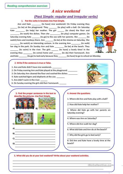 A NICE WEEKEND (PAST SIMPLE: regular and irregular verbs) - English ESL Worksheets for distance learning and physical classrooms Irregular Verbs Worksheet, Simple Past Tense Worksheet, Regular Past Tense Verbs, Past Simple Tense, Past Tense Worksheet, Esl Reading Comprehension, Verbs Worksheet, Regular And Irregular Verbs, Simple Past