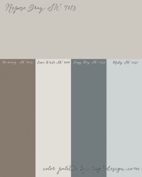 Repose Gray SW 7015 with a Complementary color scheme. Repose Gray Color Palette, Complementary Color Scheme, Indoor Paint Colors, House Paints, Paint Board, Blue Bedrooms, Gray Color Palette, Repose Gray, Painting Colors