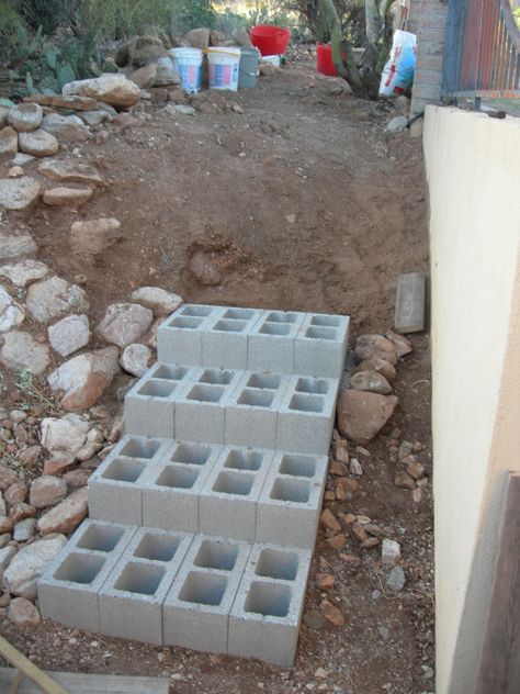 Cinder block steps for the side of the house? Cinder Block Steps, Landscape Stairs, Front Yard Landscaping Pictures, How To Build Steps, Front Yard Landscaping Diy, Cinder Blocks, Sloped Backyard, Garden Stairs, Landscaping Flowers