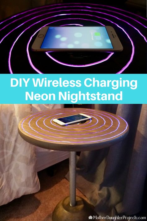 Watch this DIY video on how to use el wire in a nightstand for a neon look! This is also a wireless charger for an Apple iPhone 8, 8+, or 10. Diy Wireless Charger, Nightstand Diy, Charging Table, Diy Chargers, Nightstand Decor, Diy Nightstand, El Wire, 3d Printing Pen, Iphone Charger