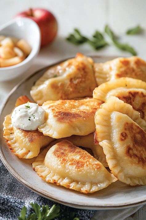 apple pierogi recipe Dessert Perogies Recipe, Sweet Pierogi Recipe, Plum Pierogies, Apple Perogies, Dollywood Recipes, Easy Pierogi Dough Recipe, Polish Food Traditional, Pierogi Dough, Pierogi Filling