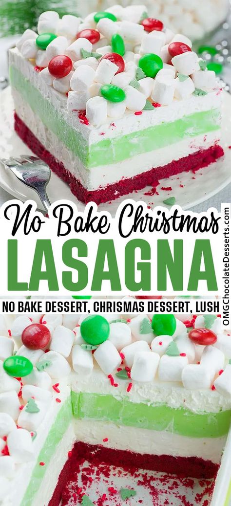 Layered Christmas Lasagna is one delicious layer after the other! Crunchy cookie base, a creamy peppermint cheesecake layer right on top, white chocolate pudding goes on next and last but not least, light and fluffy cool whip goes on last. #no #bake #christmas #lasagna #dessert Christmas Lasagna, Christmas Cheesecake, Peppermint Cheesecake, Layered Dessert, Christmas Foods, S'mores, Christmas Gathering, Oreo Cheesecake, Monkey Bread