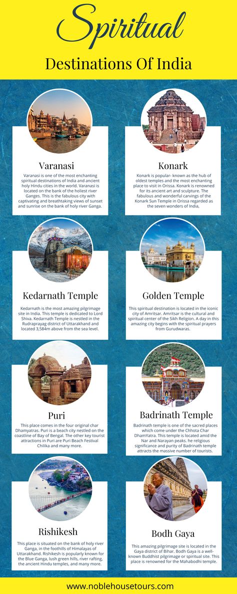 There are numerous Spiritual Destinations In India and some of the most renowned religious places include the Konark Sun Temple, Golden Temple, Varanasi, etc. #noblehousetours #travelinfographic ##travelinfographics #spiritualdestinations #destinationsofindia #varanasi #konark #kedarnathtemple #goldentemple #puri #badrinathtemple #rishikesh #bodhgaya #tourist #traveler #travelblogger #travelindia #picoftheday Religious Places In India, Spiritual Places In India, Indian Diversity, Travel Dairies, Hindu Spirituality, Konark Sun Temple, Holiday Destinations In India, Sun Temple, India Tourism