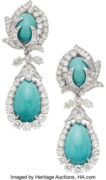 Estate Jewelry:Earrings, Turquoise, Diamond, Platinum Earrings, David Webb. ... (Total: 2Items) Platinum Earrings, David Webb, Tiffany Jewelry, Platinum Jewelry, Earrings Turquoise, Fabulous Jewelry, Diy Schmuck, Van Cleef, Fine Earrings