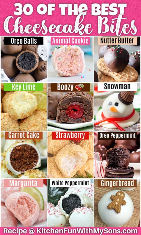 These recipes for Cheesecake Bites are such a huge hit with kids and adults! No-bake cheesecake balls and cups for all seasons and perfect for any gathering. Cake Mix Cheesecake Bites, Cheesecake Truffles No Bake, Easy Mini Cheesecake Bites, Cake Mix Truffles No Bake, No Bake Cream Cheese Recipes, No Bake Pumpkin Cheesecake Balls, Kaaskoek Resepte, No Bake Cheesecake Balls, Fall Truffles