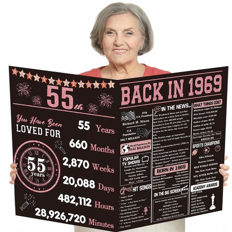 PRICES MAY VARY. BACK IN 1969 CARD - This double-sided 55th birthday card contains big events that happened, popular music, famous people born an so on in 1969. UNIQUE DESIGN - The double-sided design incorporates black and pink tones, featuring birthday elements like fireworks. It is both interesting and meaningful. PACKAGE INCLUDE - 1 piece of jumbo 11*14.2 inches 55 years old birthday card with a sturdy envelope and a sticker. BLANK INSIDE - The inside of our card is blank, you can draw or wr 70th Bday Card Ideas, 70 Year Old Birthday Ideas Woman, 70 Years Old Birthday Ideas Woman, 70 Year Old Birthday, Birthday Elements, Birthday Drawings, Birthday Gift Ideas For Women, Birthday Card For Women, Happy Birthday Drawings