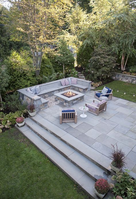 Hardscape Patio, Stone Patio Designs, Backyard Decks, Raised Patio, Patio Pavers Design, Bluestone Patio, Stone Patio, Backyard Fireplace, Backyard Seating