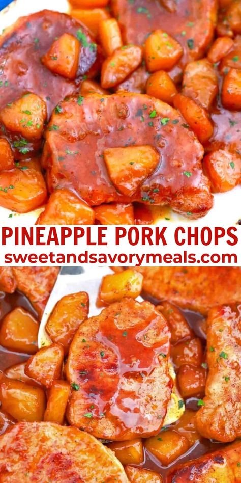 Pineapple pork chops are a quick and easy one-pan meal, flavored with garlic, brown sugar, maple syrup, and loaded with juicy pineapple tidbits. Hawaiian Pork Chops, Pineapple Pork Chops, Pineapple Tidbits, Brown Sugar Pork Chops, Boneless Pork Chop Recipes, Pineapple Pork, Easy Pork Chops, Pork Chop Recipes Baked, Pork Chop Dinner