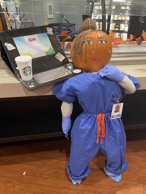 Meet Penelope Pumpkin, BSN, RN, CPAN, the PACU Nurse. She won 1st in the competition! Nursing Pumpkin Decorating, Nurse Pumpkin Decorating, Healthcare Pumpkin, Healthcare Pumpkin Decorating, Pumpkin Throwing Up, Halloween Pumpkin Decorating, Pacu Nurse, Creative Pumpkin Decorating, Puppy Room