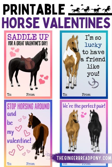 Looking for some printable horse Valentine's Day cards? Look no further! This set features 4 different card designs and is just perfect for handing out to friends. Equestrians and horse lovers alike will enjoy these printable horse valentines! Head over to our blog and grab this fun set of horse valentines. #horse #valentine #equestrian #thegingerbreadpony Horse Valentine Cards, Horse Valentine, Valentines Diy Kids, Valentine Card Box, Valentines Memes, Valentine Poster, Horse Cards, Rainy Day Fun, Horse Party