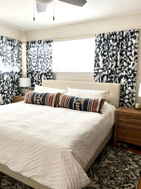 Off set window solution with bed under window Bed Under Window Small Room, Bed Under Window, Off Center Windows, Small Space Decorating, Bed Placement, Large Curtains, Matching Nightstands, Furniture Placement, Curtain Sizes