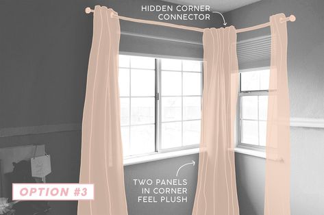 Emily Henderson Corner Window. Sketch 3 Curtains Living Room Corner Window, Curtain For Corner Window, Corner Bedroom Windows, Corner Window Office Ideas, How To Hang Curtains On Corner Windows, How To Hang Curtains In A Corner, Two Corner Windows Bedroom, L Window Curtains, Curtains In Corner Window