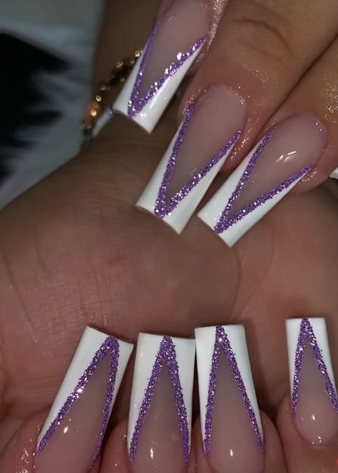 Inspiringhomesbyminna White Acrylic Nails With Purple Design, White French Tips With Purple Design, Purple Basic Nails, Purple French Tip Nails Acrylic Square, Purple And White French Tip Nails, White And Purple Nail Designs, Acrylic Nails Designs Coffin, Purple And Silver Nails Acrylic, Purple Glitter French Tip Nails