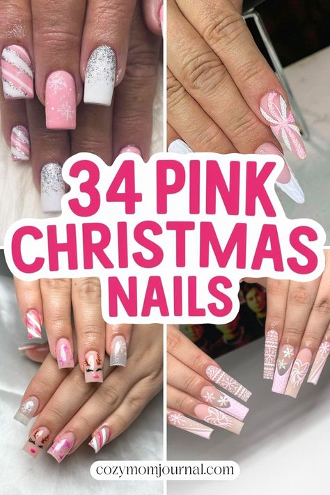 Pink Christmas nail designs with snowflakes and glitter on different hand poses. Pink And White Xmas Nails, Pink Candy Nails, Pink And Silver Christmas Nails, Pink Glitter Christmas Nails, Pink Candy Cane Nails, Pink And Red Christmas Nails, Pink Christmas Nails Acrylic, Winter Pink Nails, Pastel Christmas Nails