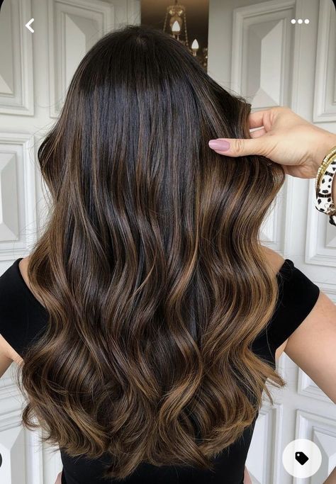 Balage Hair Black, Brown Hair Streaks For Black Hair, Black To Brown Balayage Straight, Babylights Hair Brunette, Babylights Brunette Straight Hair, Honey Balyage Long Hair Brunettes, Dark Brown Hair With Caramel Highlights Medium Length, Brown Babylights On Dark Hair, Balage Hair Brown