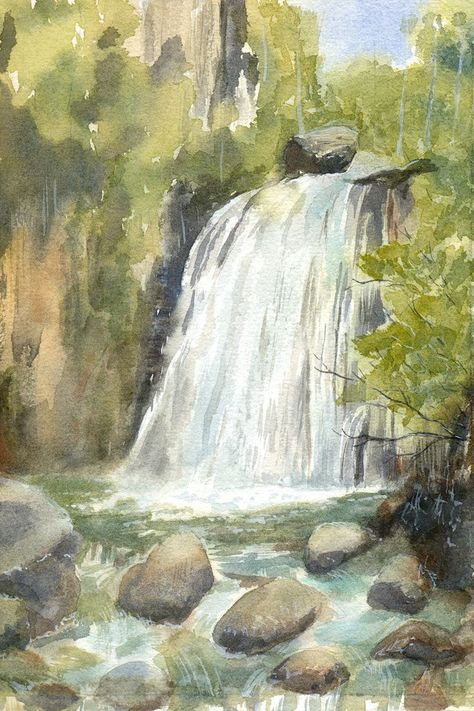 Waterfall Watercolor Tutorial, Waterfall Oil Pastel Drawing, Watercolor Pond Landscape Paintings, Water Fall Watercolor, Landscape With Waterfall, Watercolor Pond Painting, Water Fall Painting Easy, Nature Watercolour Painting, Watercolor Forest Paintings