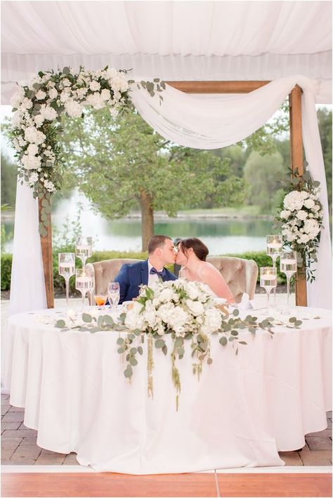 a wedding arch placed right behind the sweetheart table, lush neutral florals and greenery to mark the sweethearts Greenery Reception, Spring Windows, Green Arch, Wedding Top Table, Sweetheart Table Decor, Flowers Romantic, Head Table Wedding, Sweetheart Table Wedding, Wedding Tables