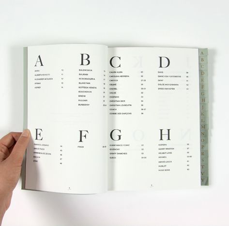 100 Exclusive Brands Index, Mica Martino, typography, book, layout, spread, serif, mint, tabs Dictionary Design Layout, Glossary Design Layout, Dictionary Design, Guidebook Design, Space Layout, Contents Layout, 잡지 레이아웃, Index Design, Yearbook Layouts