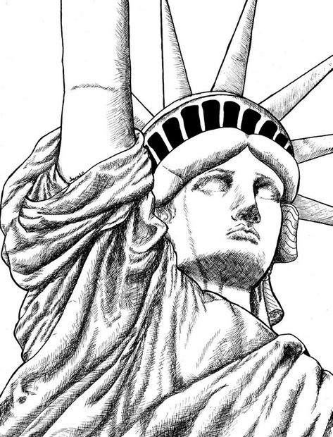 Statue of Liberty Zen Coloring Pages, Statue Of Liberty Drawing, Shoulder Armor Tattoo, New York Drawing, Statue Liberty, Woodburning Ideas, New York Statue, Face Outline, Geometric Tattoo Arm