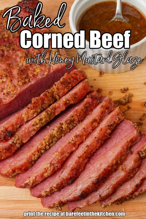 Baked Corned Beef with Honey Mustard Glaze Corned Beef Glaze Recipe, Cooking Corned Beef Brisket, Baked Corned Beef, Best Scone Recipe, Honey Mustard Recipes, Honey Mustard Glaze, Corn Beef, Beef Brisket Recipes, Sweet Glaze