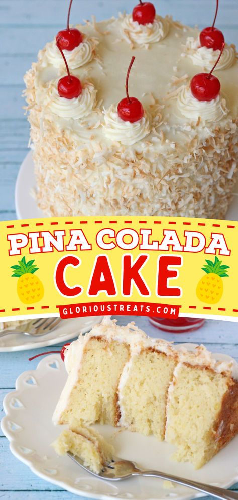 This Pina Colada Cake is a great addition to your Mother's day baking ideas! This cake is moist, flavorful, and paired with a rich coconut cream cheese frosting. Pin this delicious Mother's day dessert recipe! Moist Pineapple Cake, Pina Colada Cake Recipe, Cake Cocktails, Coconut Cream Cheese, Coconut Cream Cheese Frosting, Pina Colada Cake, Tropical Desserts, Frozen Cocktail, Pineapple Cake