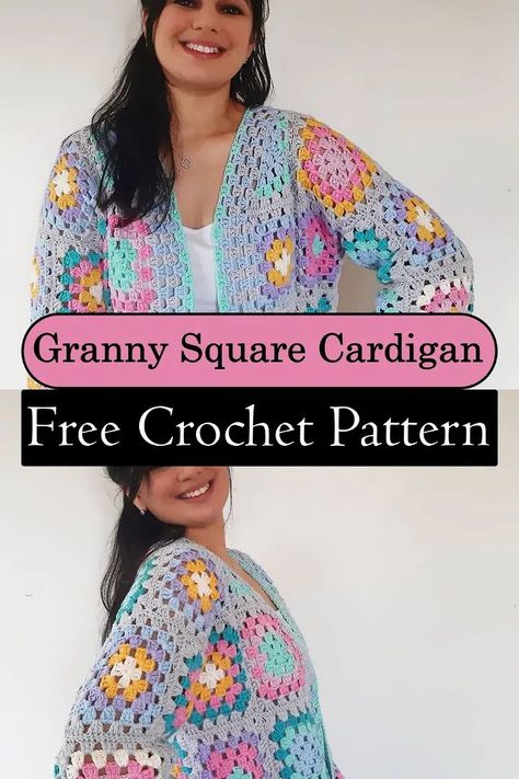 This project is perfect for beginner crocheters and a great way to experiment with color combinations and yarn. You'll be the chicest girl in a cute crochet granny square cardigan at the dinner party. With just one size, it's easy to adjust. This will surely be your go-to crochet Granny Square Jacket pattern! Granny Square Cardigan Template, Crochet Pattern Granny Square Cardigan, Granny Square Jackets, Crochet Granny Square Jacket Pattern, Crochet Baby Cardigan Free Pattern Granny Square, Granny Square Cardigan Free Pattern, Granny Square Jacket Pattern Free, Granny Square Jacket Pattern, Granny Square Crochet Cardigan Pattern