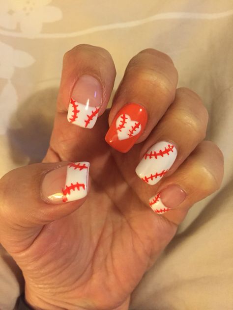 Baseball Nails Orioles Nail Design, Orange Baseball Nails, Pink Baseball Nails, Baseball French Tip Nails, Baseball Acrylic Nails, Baseball Nails Acrylic, Baseball Mom Nails, Baseball Nails Design Mom, Phillies Nails