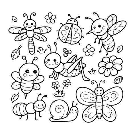 Cute Bugs Drawing, Bee Coloring, Insect Art For Kids, Easy Insect Drawings, Drawing Insects, Insect Design, Cute Insect Drawings, Cute Insects, May Coloring Pages