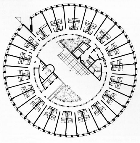 Araldo Cossutta, Credit Lyonnais Tower, Hotel Frantel, Typical Hotel Floor, Lyon, France, 1975-1976 Round Hotel Architecture, Circular Hotel Plan, Circular Houses, Condominium Floor Plan, Architecture Resume, Hotel Room Design Plan, Round House Plans, Hotel Design Architecture, Circular Buildings