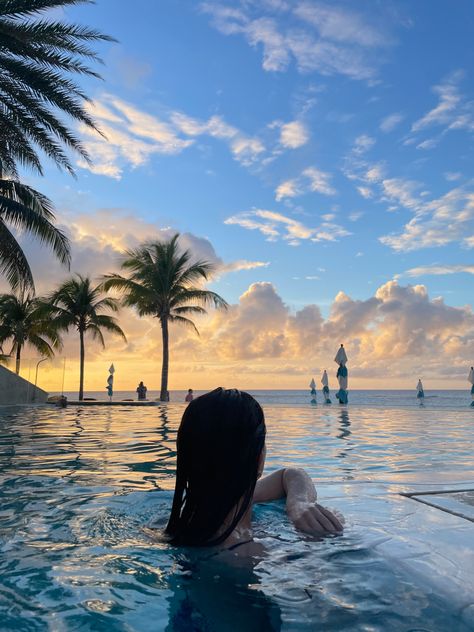 Travel inspo | vacation inspo | sunset | pool | infinity pool | pool aesthetic | caribbean sunset | beach sunset | sunset photography | swimming | reflection | luxury travel | beach | anguilla | vacation | clouds | palm trees | wet hair | #caribbean #luxurytravel photo inspiration #sunsetphotography #travelgram Swimming Pictures Ideas, Pool Vacation Pictures, By The Pool Pictures, Swimming Pools Aesthetic, Pool Asthetic Picture, Punta Cana Photo Ideas, Swimming Pool Photo Ideas, Swimming Aesthetic Pool, Infinity Pool Pictures Ideas