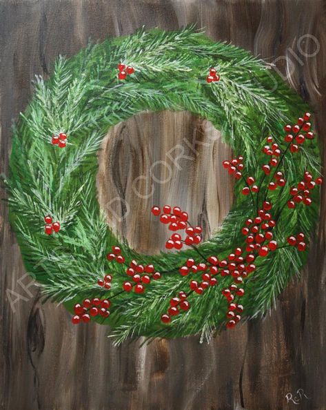 Christmas Holly Painting Acrylic, Paintings Of Christmas Wreaths, Painted Christmas Wreath On Wood, Painted Wreath On Canvas, Christmas Wreath Painting On Canvas, Painting Christmas Wreath, Wreath Painting Christmas, How To Paint A Christmas Wreath, Wreath Window Painting