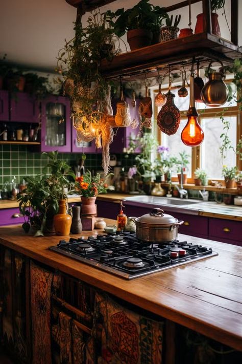 30+ Witchy Apothecary Kitchen Design Ideas That're Enchanting Witchy Interior Design Bohemian, Witchy Aesthetic Kitchen, Kitchen Witchy Decor, Boho Apothecary Decor, Apothecary Kitchen Decor Ideas, Witchy Apothecary Kitchen, Modern Apothecary Kitchen, Hippie Kitchen Ideas, Apothecary Style Kitchen