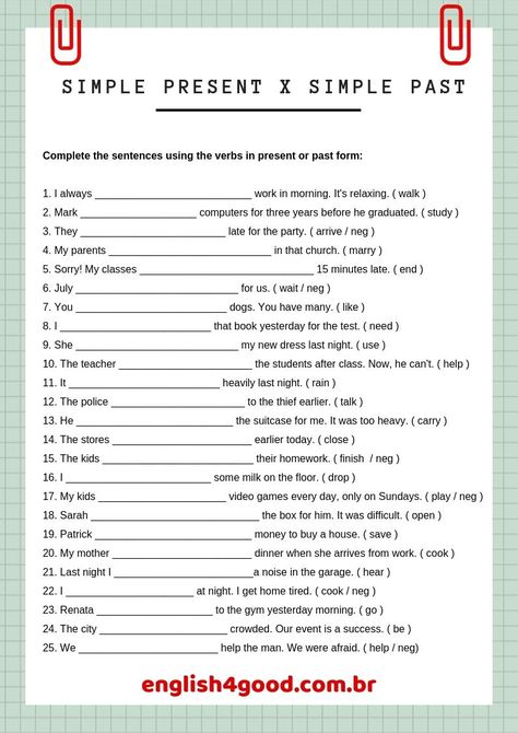 Need a worksheet to work on simple present and simple past differences? Here's a nice one! Feel free to download it. #simplepast #eslactivity #eslworksheet #englishexercise # eslexercise #englishtenses Simple Present And Past Tense Worksheet, Present Past Simple Worksheets, Simple Present Simple Past Worksheet, Present And Past Simple Worksheets, Present To Past Tense Worksheet, Verbs Tenses Worksheet, Present And Past Tense Verbs, Present Simple And Past Simple Worksheet, Past And Present Tense Worksheets