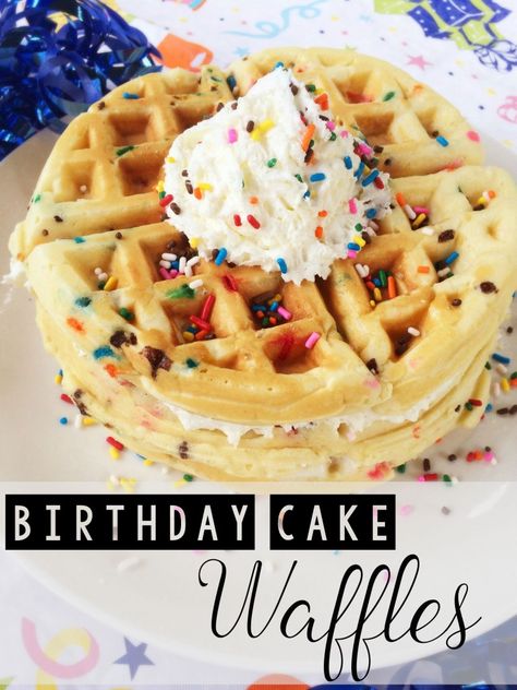 These special funfetti birthday cake waffles will put a smile on anyone's face! They're easy to make, so you can spend less time in the kitchen and more time celebrating! Birthday Cake Waffles, Funfetti Birthday Cake, Cake Waffles, Funfetti Birthday, Waffle Iron Recipes, Classic Birthday, Funfetti Cake Mix, Waffle Maker Recipes, Waffle Cake