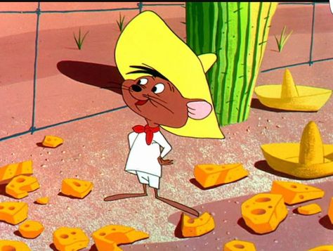 Speedy Gonzales is a Mexican Cartoon Stereotype.  He is a dark Mexican mouse with a thick accent. He wears a big yellow sombrero Slowpoke Rodriguez, Speedy Gonzales, Bunny Friends, Looney Tunes Sylvester, New Looney Tunes, Best Cartoons, Looney Tunes Show, Old School Cartoons, Baby Looney Tunes