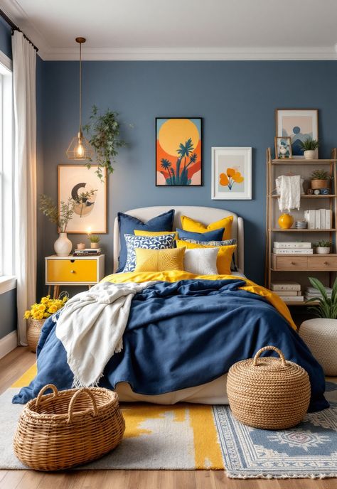 Blue Boho Girls Bedroom Blue Yellow Bedding, Blue And Yellow Room Bedrooms, Denim Blue Bedroom Ideas, Denim Blue Bedroom, Blue And Mustard Bedroom, Boho Girls Bedroom Ideas, Blue And Yellow Bedding, Explorer Bedroom, Boho Girls Bedroom