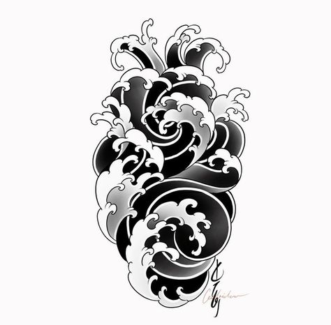 Japanese Background Tattoo Design, Spine Tattoo Japanese, Raijin Tattoo, Japanese Water Tattoo, Japanese Cloud Tattoo, Tattoo Japonais, Japanese Wave Tattoos, Japanese Hand Tattoos, Wave Tattoos