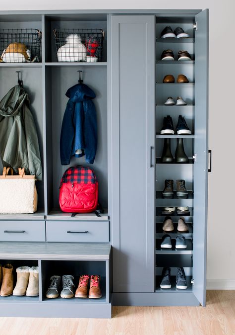 Grey Custom Mudroom & Entryway | Inspired Closets Custom Mudroom, Mudroom Remodel, Mudroom Closet, Mud Room Entry, Mudroom Lockers, Mudroom Organization, Mudroom Entryway, Mudroom Decor, Mudroom Laundry Room