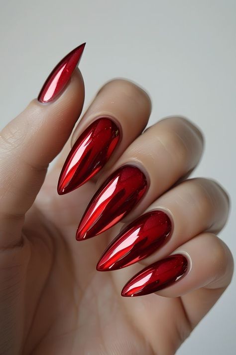 Black With Red Chrome Nails, Christmas Chrome Nails Designs, Stiletto Nails Chrome, Red Chrome Nails Almond, Fall Chrome Nail Colors, Red Chrome Nails Designs, Trendy Ombre Nails, Chrome Red Nails, Ombre Chrome