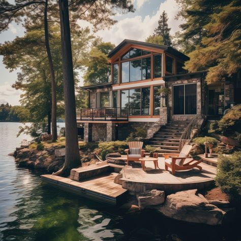 Lakefront Homes Exterior, Forest Lake House, Modern Lake House Exterior, The House Across The Lake, House On River, Redwood House, Colorado Houses, Mobile Home Bathroom Remodel, Cottage By The Lake