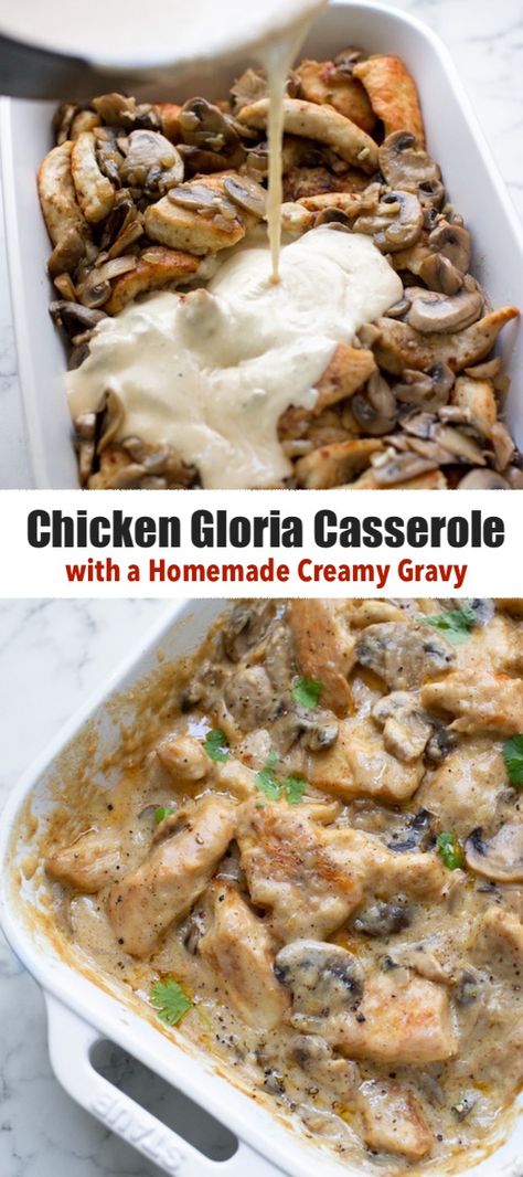 Chicken Gloria Casserole, Chicken Gloria, Chicken Mushroom Casserole, Creamy Chicken Casserole, Casserole Chicken, Chicken Recipes Boneless, Stuffing Casserole, Tasty Chicken, Homemade Gravy