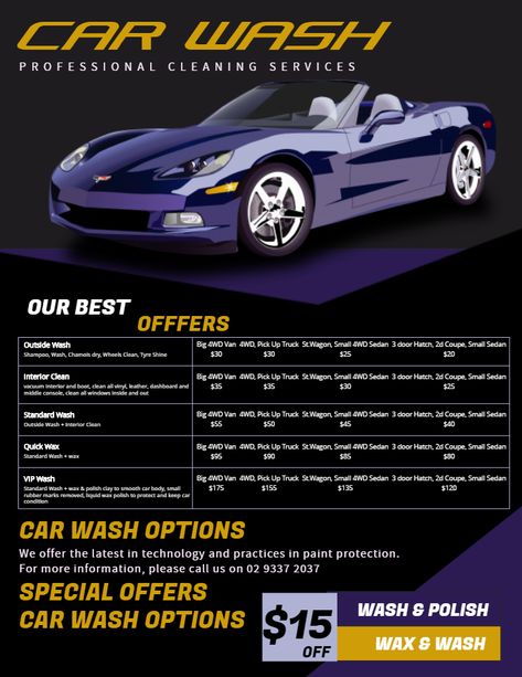 Modern car wash price list flyer template Car Wash Prices, Car Wash Posters, Workshop Decor, Car Checklist, Mobile Detailing, Car Wash Business, Automotive Detailing, Price List Design, Car Wash Services