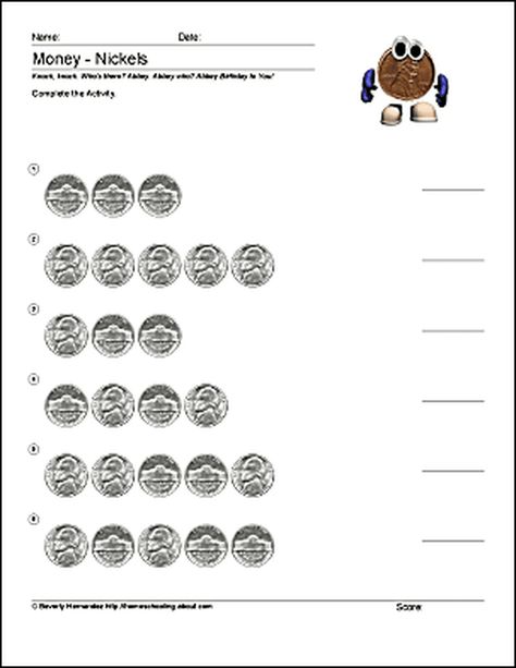 Free Math Worksheets for Counting Pennies: Counting Nickels - Worksheet 1 Nickel Worksheet, Counting Nickels Worksheet, Counting Pennies Worksheet, Counting Pennies, Third Grade Worksheets, Teaching Money, Addition Activities, Hand Lettering Worksheet, Counting Coins