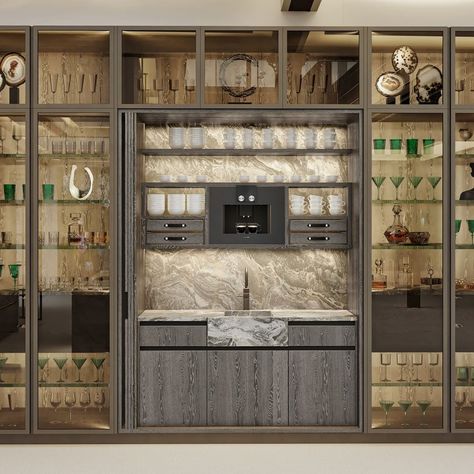 Smallbone on Instagram: “The use of glazed cabinets is a clever architectural trick to create jewel-like pockets of storage that also suggest depth and re-affirm…” Smallbone Kitchens, Bespoke Kitchen Design, Casa Country, Luxury Kitchen Design, Mobile Bar, Stunning Kitchens, Kitchen Room Design, Bespoke Kitchens, Luxury Kitchens