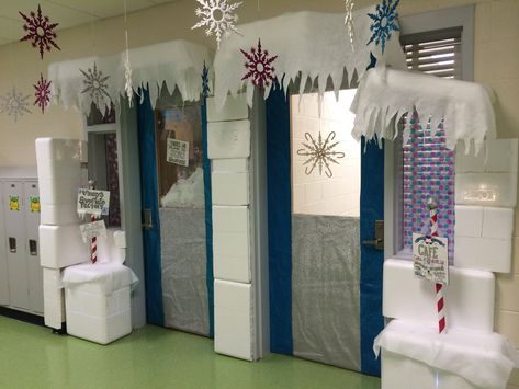 Winter Wonderland Classroom Door Decoration. I had many styrofoam coolers. I used a styro-cutter to cut through styrofoam and make igloo pieces. I was even able to carve out room numbers, initials and icicles. Then on the back of some pieces, I created a groove, and placed battery operated lights to illuminate sections.  I used magnets to secure pieces around doorframe and to hang awning. It was a fun Winter Wonderland Classroom, Wonderland Classroom, Winter Classroom Door, Everest Vbs, School Hallway, Christmas Classroom Door, Winter Wonderland Decorations, Winter Door Decorations, School Door Decorations