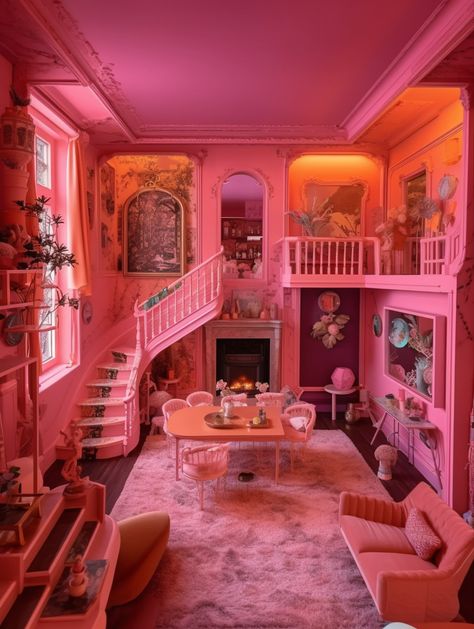 a pink living room with a staircase and furniture, in the style of otherworldly scenes, school of london, maximalism, site-specific installations, renaissance-inspired chiaroscuro, detailed miniatures Barbie Inspired Interior Design, Barbie House Interior, Barbie Aesthetic House, Barbie Dream House Decor, Barbie Dreamhouse Aesthetic, Barbie House Aesthetic, Rainbow Porch, Barbie Aesthetic Room, Barbie Interior Design