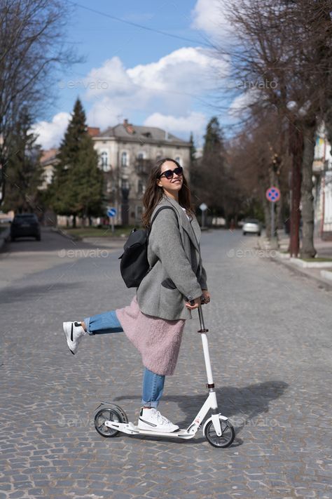 Scooter Girl, Kick Scooter, Aerial Yoga, E Scooter, City Street, Beautiful Couple, Strike A Pose, Model Photography, Girly Girl