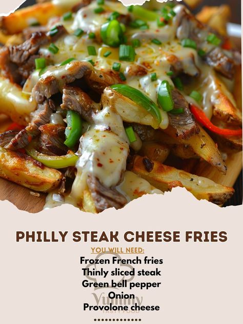 🍟✨ Indulge in Philly Steak Cheese Fries for a savory treat! 🧀 #CheesyFries #PhillySteakLovers PHILLY STEAK CHEESE FRIES Ingredients: Frozen French fries (1 bag) Thinly sliced steak (1 lb) Green bell pepper (1, sliced) Onion (1, sliced) Provolone cheese (8 slices) Olive oil (2 tbsp) Salt (1/2 tsp) Pepper (1/2 tsp) Instructions: Bake French fries according to package instructions. In a skillet, heat olive oil and sauté bell pepper and onion until soft. Add steak slices, season with salt and... Philly Cheese Steak Fries Recipe, Philly Cheese Steak Fries, Loaded Fries Recipe, Steak Peppers, Cheesy Fries, Fried Steak Recipes, Sliced Onion, Philly Steak, Frozen French Fries