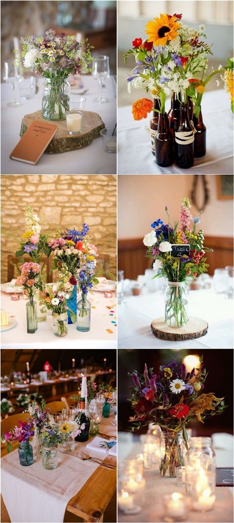 20 Budget-friendly Wildflower Wedding Centerpieces for Spring Summer | Roses & Rings Colorful Boho Wedding Centerpieces, Boho Wildflower Centerpieces, Colorful Rustic Decor, Rustic Spring Wedding Centerpieces, Spring Decor Wedding, June Wildflower Wedding, Wildflower Inspired Wedding, Rustic Wedding Decor Summer, Boho Wedding Flowers Table