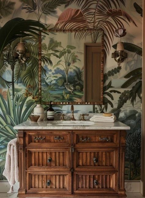 Bright Tropical Wallpaper, Old Florida Interior Design, British Colonial Style Bathroom, Bright Academia Aesthetic, Portuguese Interior Design, British Colonial Bathroom, Tropical Academia, Whimsical Interior, Tropical British Colonial